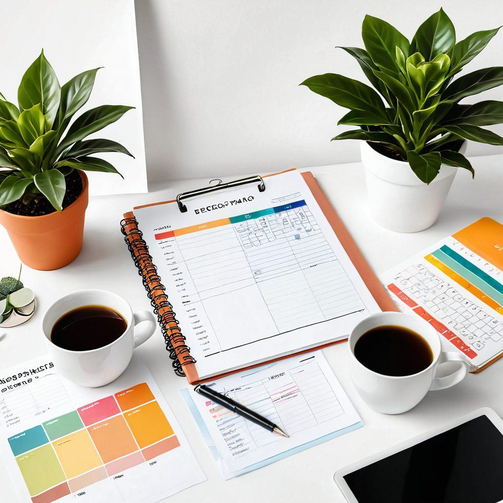 A serene living space featuring a well-organized budget planner and colorful charts, accompanied by a cozy coffee cup and a potted plant, symbolizing a peaceful approach to financial planning. Bright and inviting colors, soft lighting, and a calming atmosphere. vector art. vibrant colors. white background.