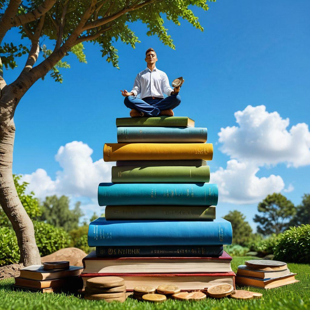 A vibrant, serene landscape featuring a person joyfully balancing coins on one hand while meditating on a pile of books about finance and cash flow management. In the background, a lush garden symbolizes growth and prosperity, with a clear blue sky above. The scene exudes a sense of harmony and achievement. super-realistic. vibrant colors. white background.
