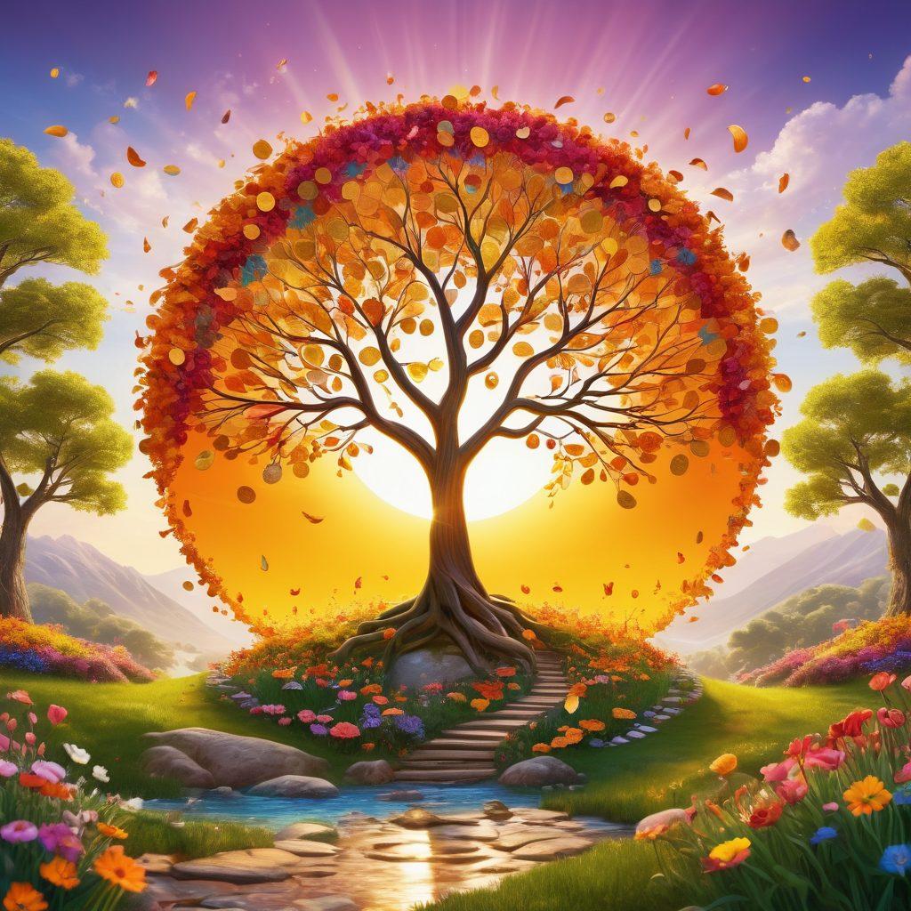 A vibrant, abstract landscape depicting a diverse group of people joyfully interacting with colorful symbols of wealth, like coins, trees bearing fruits of prosperity, and golden paths symbolizing financial independence. The scene is illuminated by a radiant sun, representing enlightenment and a positive money mindset. Incorporate elements of nature, like blooming flowers and flowing streams, symbolizing growth and abundance. The overall atmosphere should evoke feelings of happiness and freedom. super-realistic. vibrant colors. 3D.